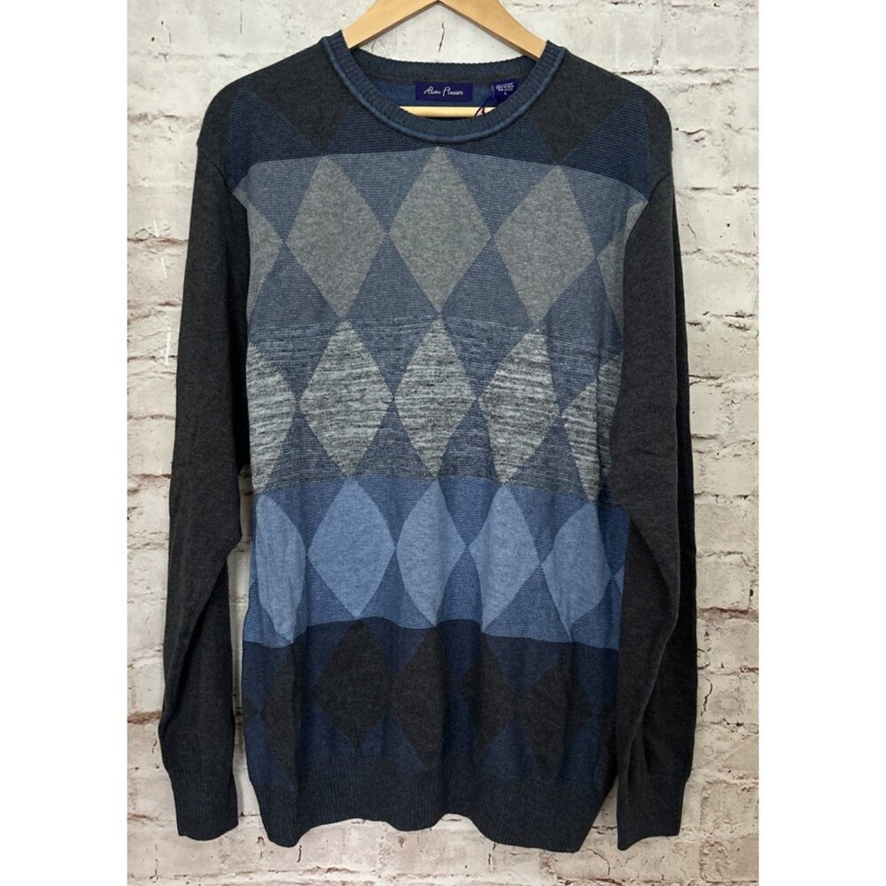 ALAN FLUSSER CLASSIC BLUE GRAY ARGYLE CREWNECK PULLOVER SWEATER SIZE L NEW
